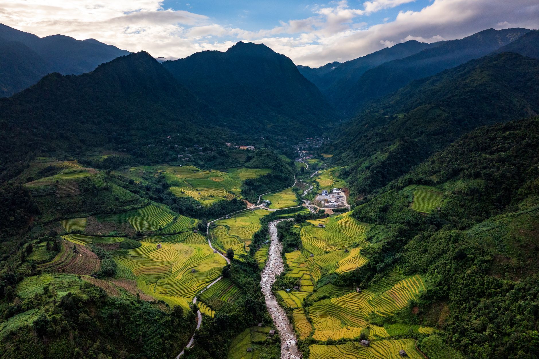 Green river valley plateau landscape in Asia, similar to the Shillong Plateau uplifted by the 1897 quake