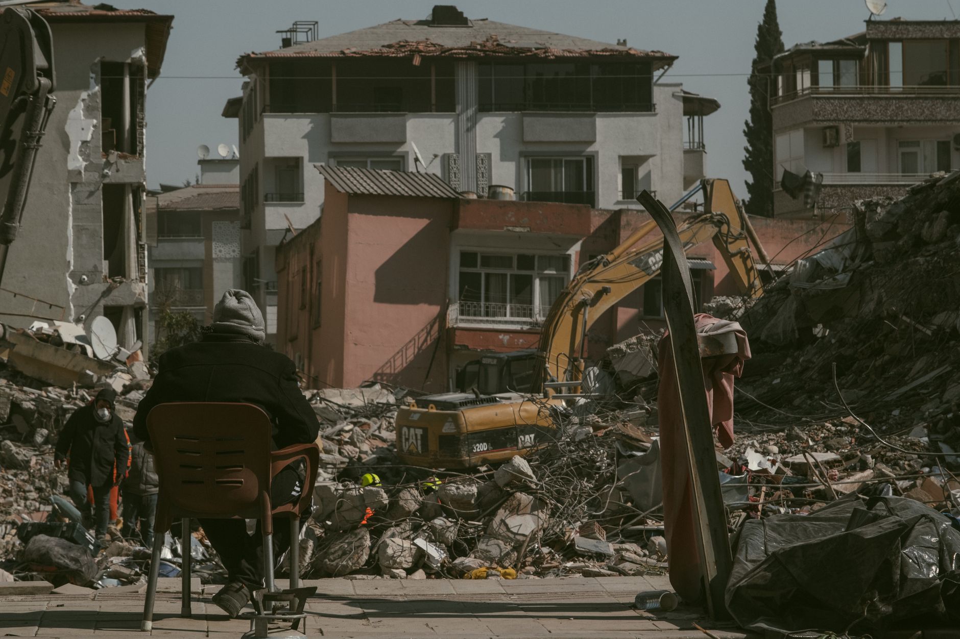 Aerial view of buildings destroyed by a major earthquake