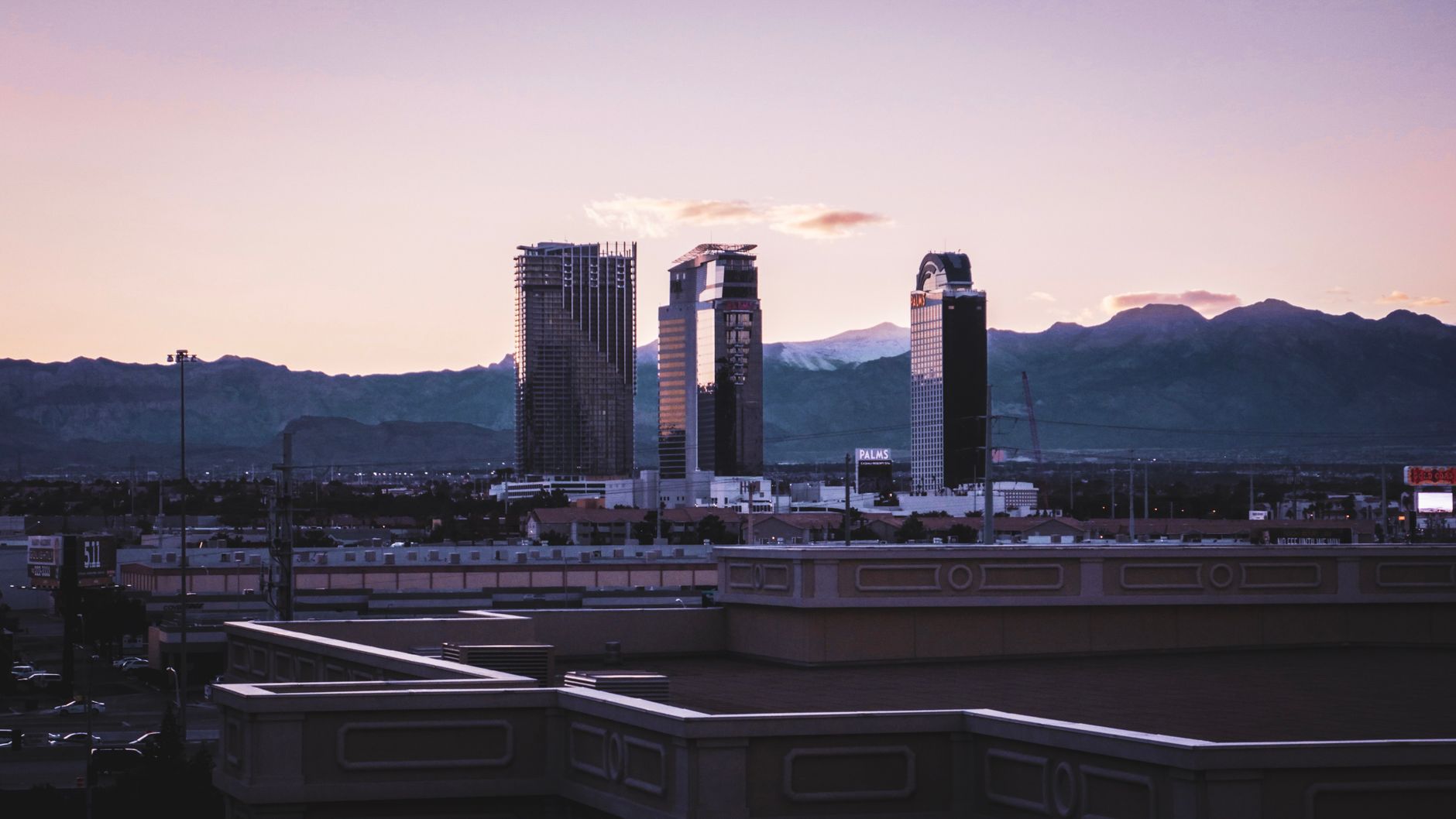 Las Vegas skyline in the Nevada desert, within the Basin and Range earthquake province