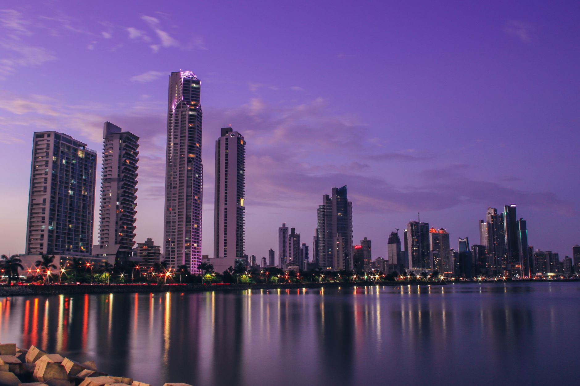 Panama City skyline along the bay, on the country's lower-hazard Pacific side