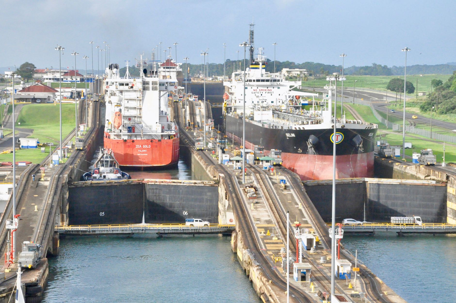 Aerial view of the Panama Canal locks, engineered with seismic risk in mind
