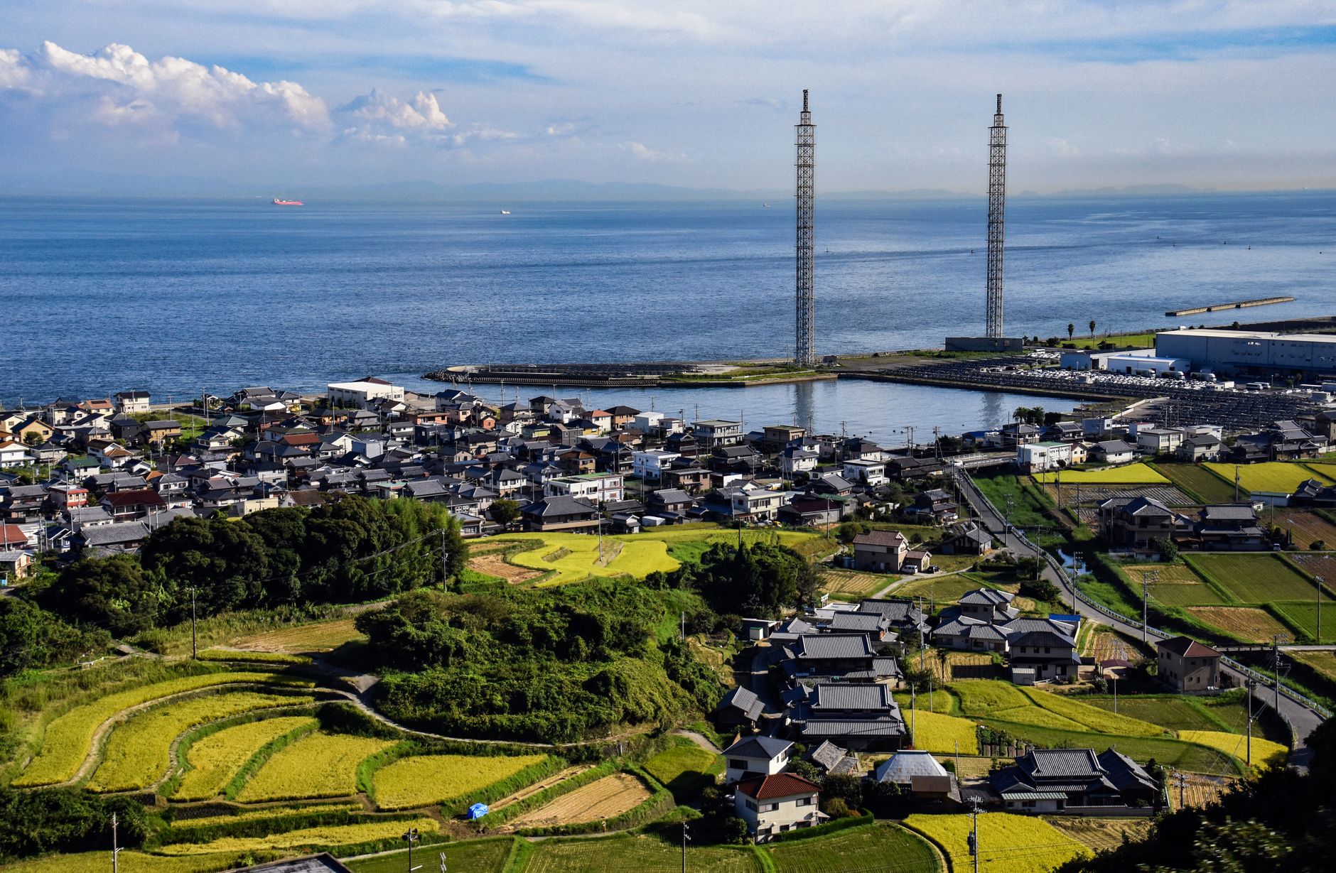 Aerial view of a Japanese coastal town, the kind of low-lying area devastated by the 2011 tsunami